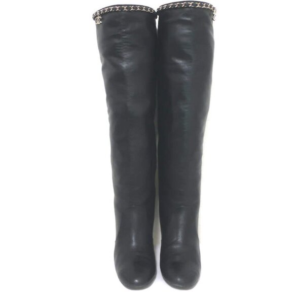 Chanel CC Chain-Trim Cap Toe Knee High Boots Black Leather Size 36.5 - Picture 4 of 15